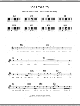 page one of She Loves You (Piano Chords/Lyrics)
