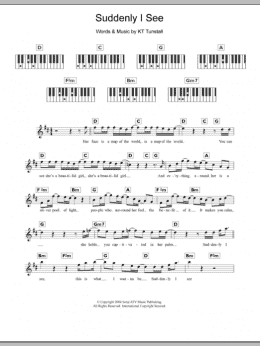 page one of Suddenly I See (Piano Chords/Lyrics)