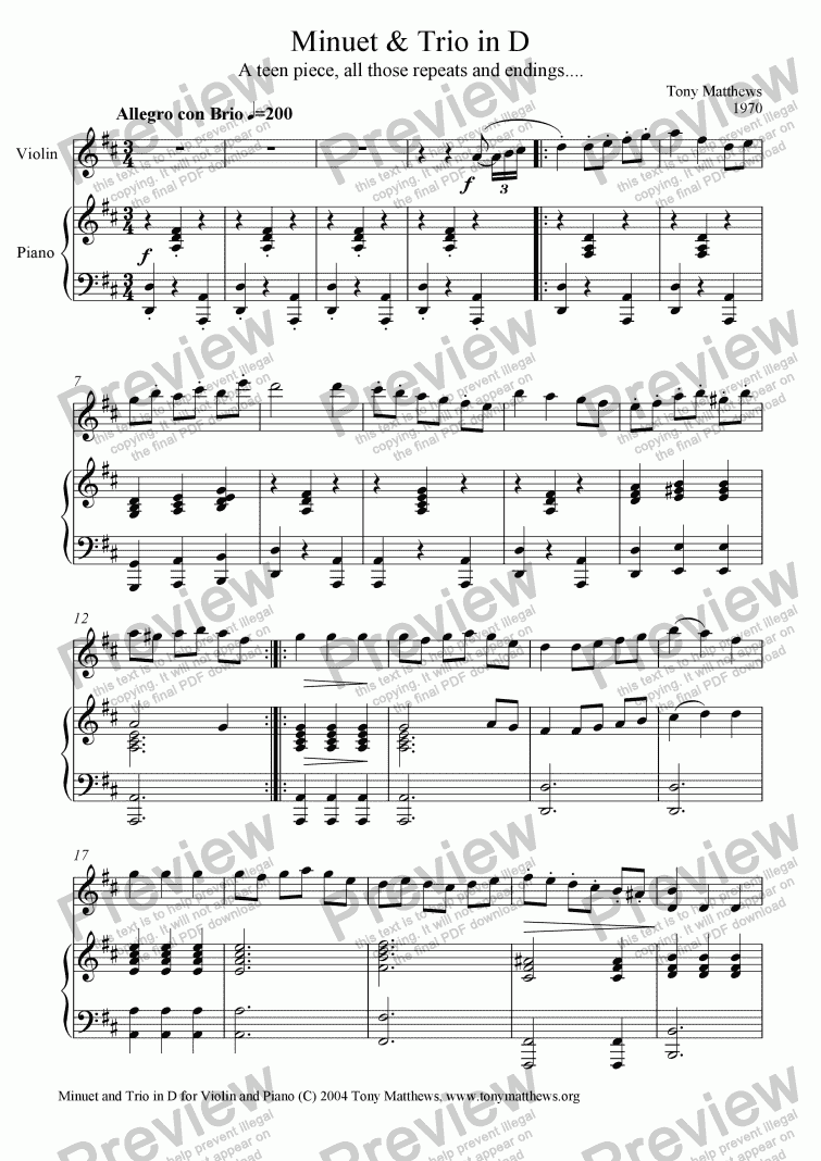 page one of Minuet and Trio in D major for Violin and Piano