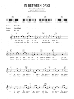 page one of In Between Days (Piano Chords/Lyrics)