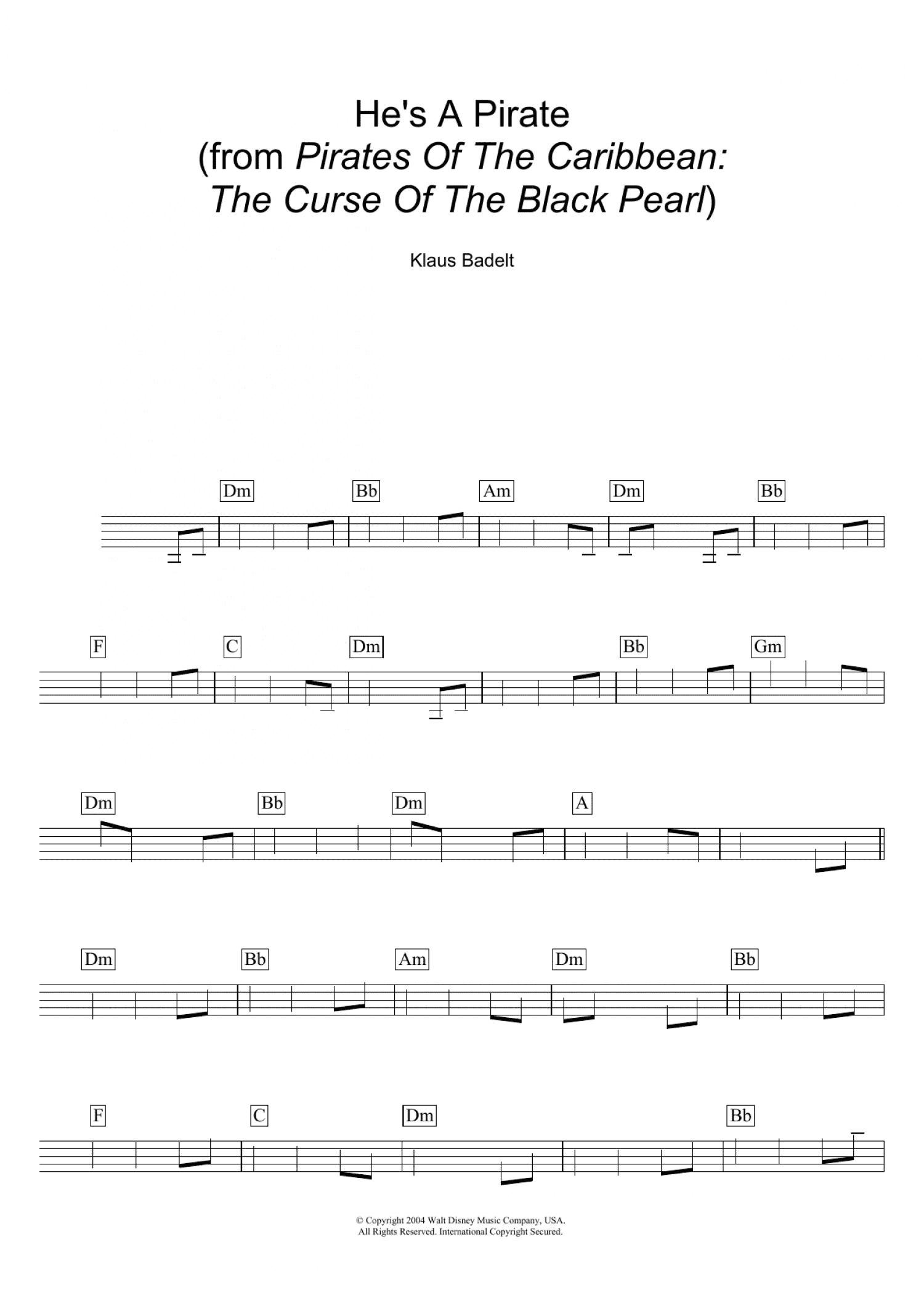 He's A Pirate (from Pirates Of The Caribbean: The Curse Of The Black Pearl) (Lead Sheet / Fake Book)