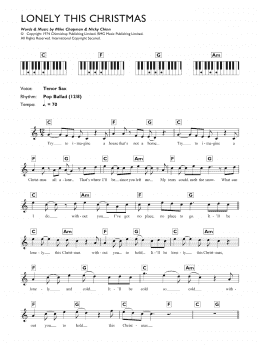 page one of Lonely This Christmas (Piano Chords/Lyrics)