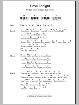 page one of Save Tonight (Piano Chords/Lyrics)
