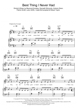 page one of Best Thing I Never Had (Piano, Vocal & Guitar Chords (Right-Hand Melody))