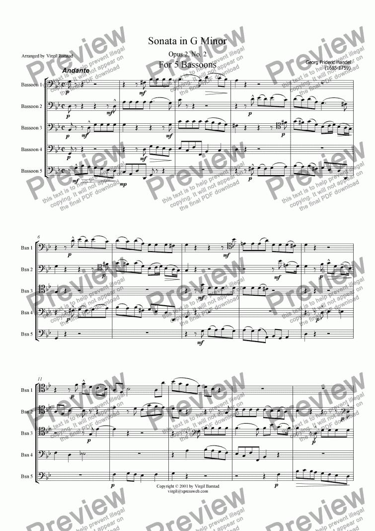 page one of Sonata in G Minor for 5 Bassoons
