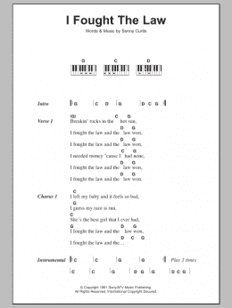 page one of I Fought The Law (Piano Chords/Lyrics)