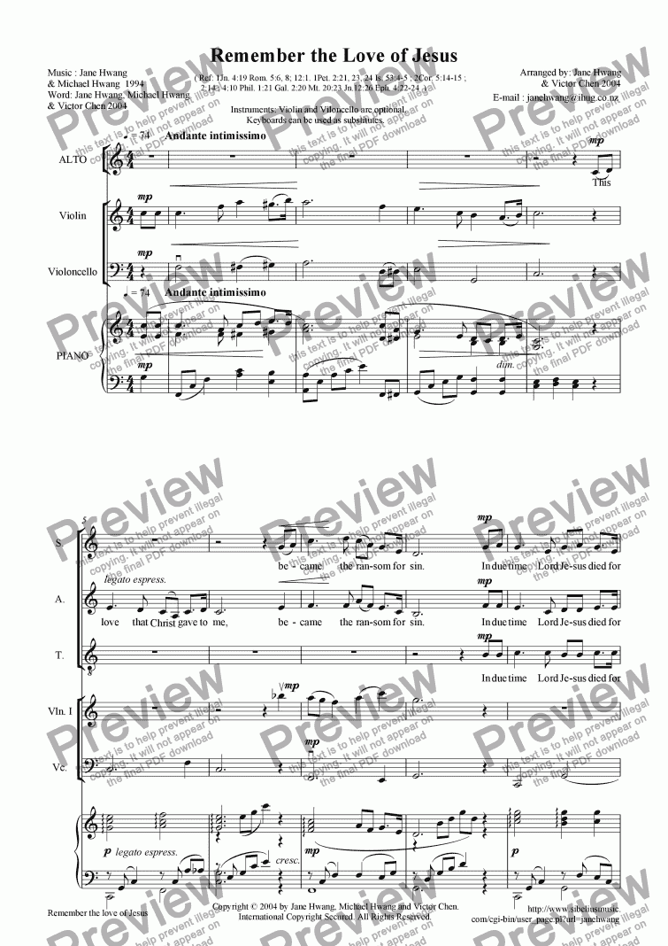 page one of Remember the Love of Jesus (SATB+Pno.+2 Instruments)