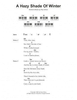 page one of A Hazy Shade Of Winter (Piano Chords/Lyrics)
