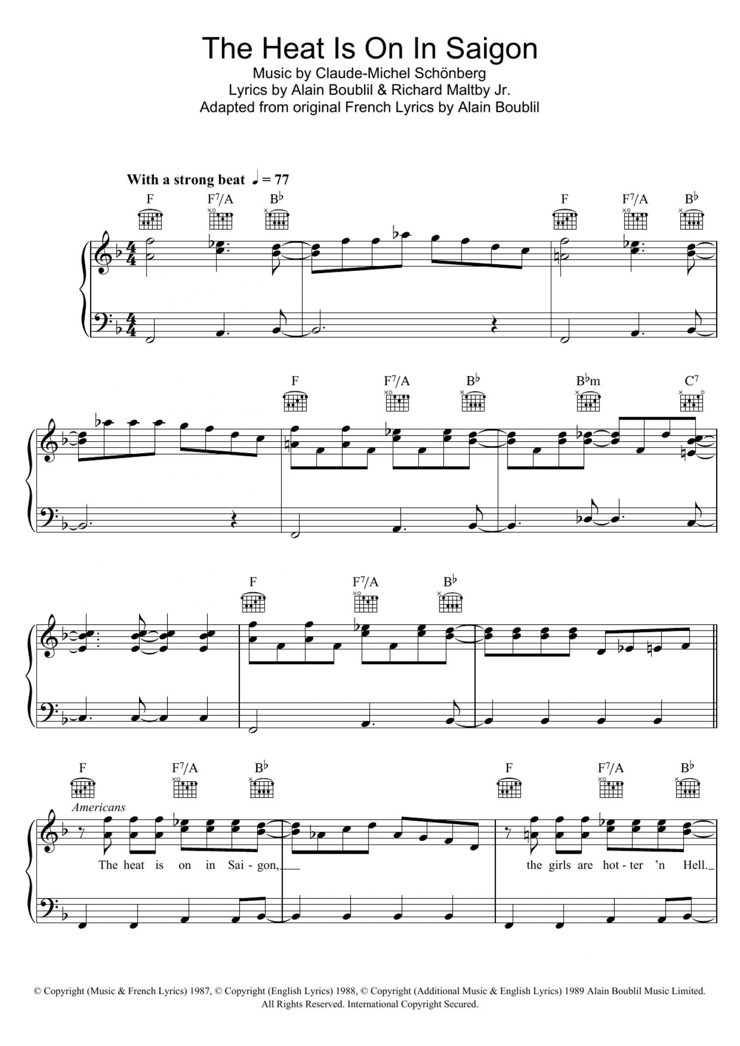 The Heat Is On In Saigon (Piano, Vocal & Guitar Chords)