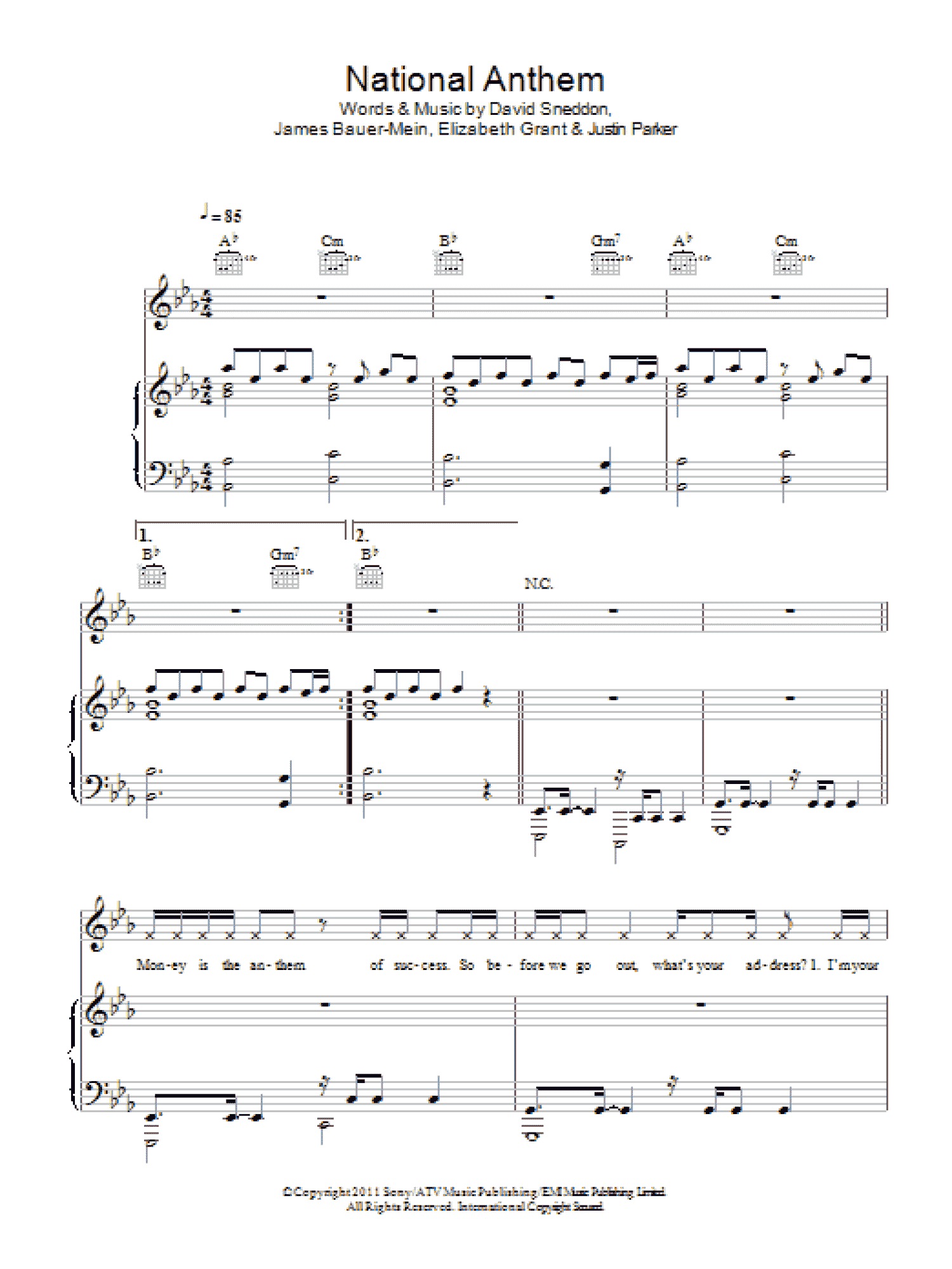 National Anthem (Piano, Vocal & Guitar Chords)