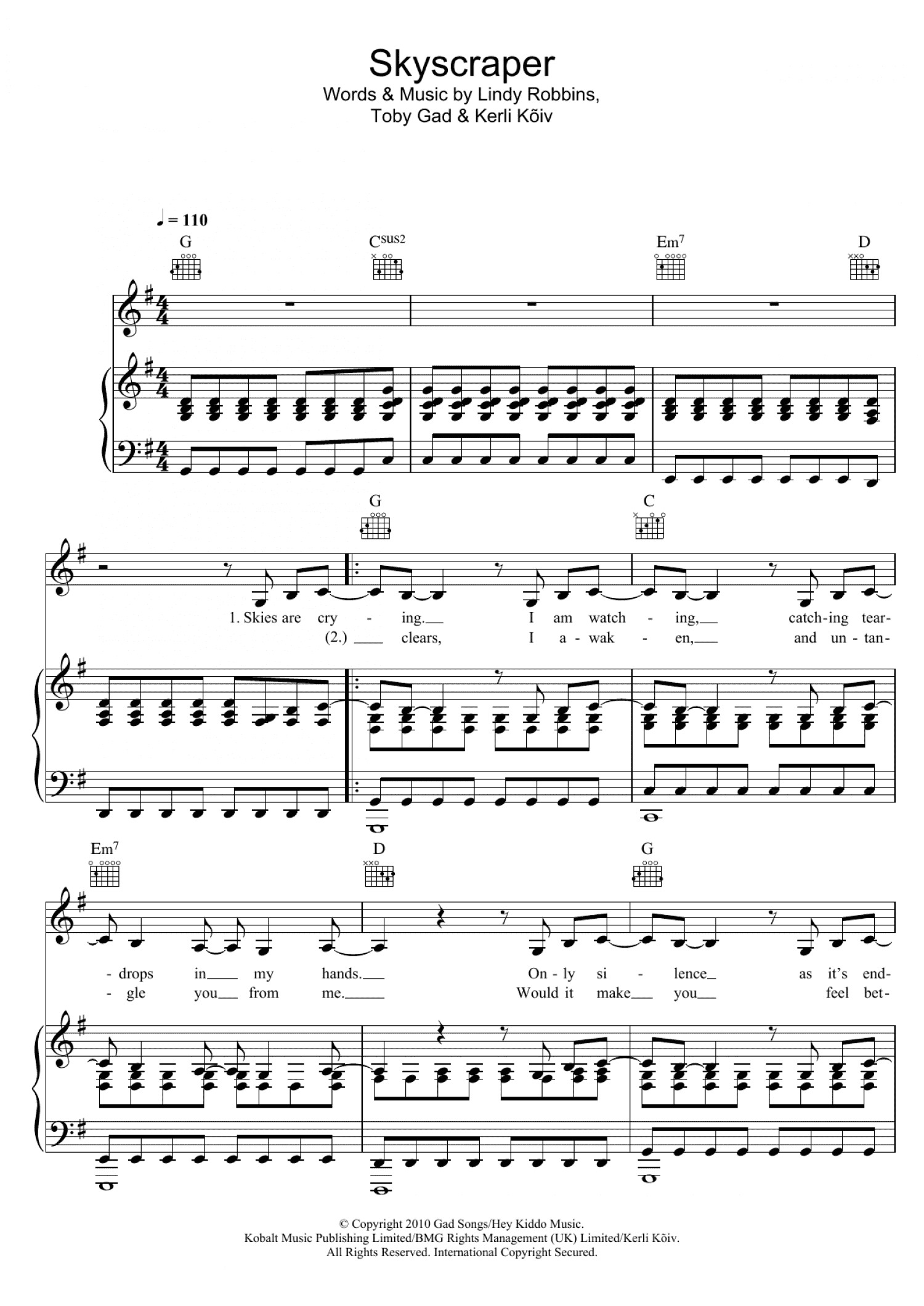 Skyscraper (Piano, Vocal & Guitar Chords)