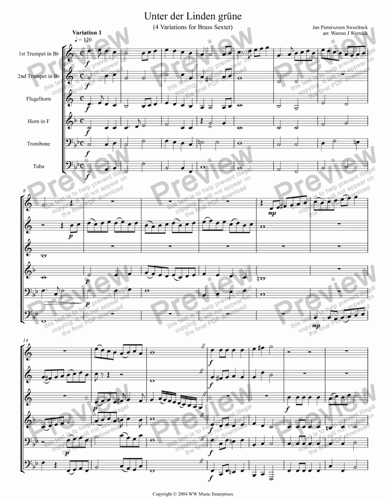 page one of Unter der Linden grune (4 Variations for Brass Sextet)