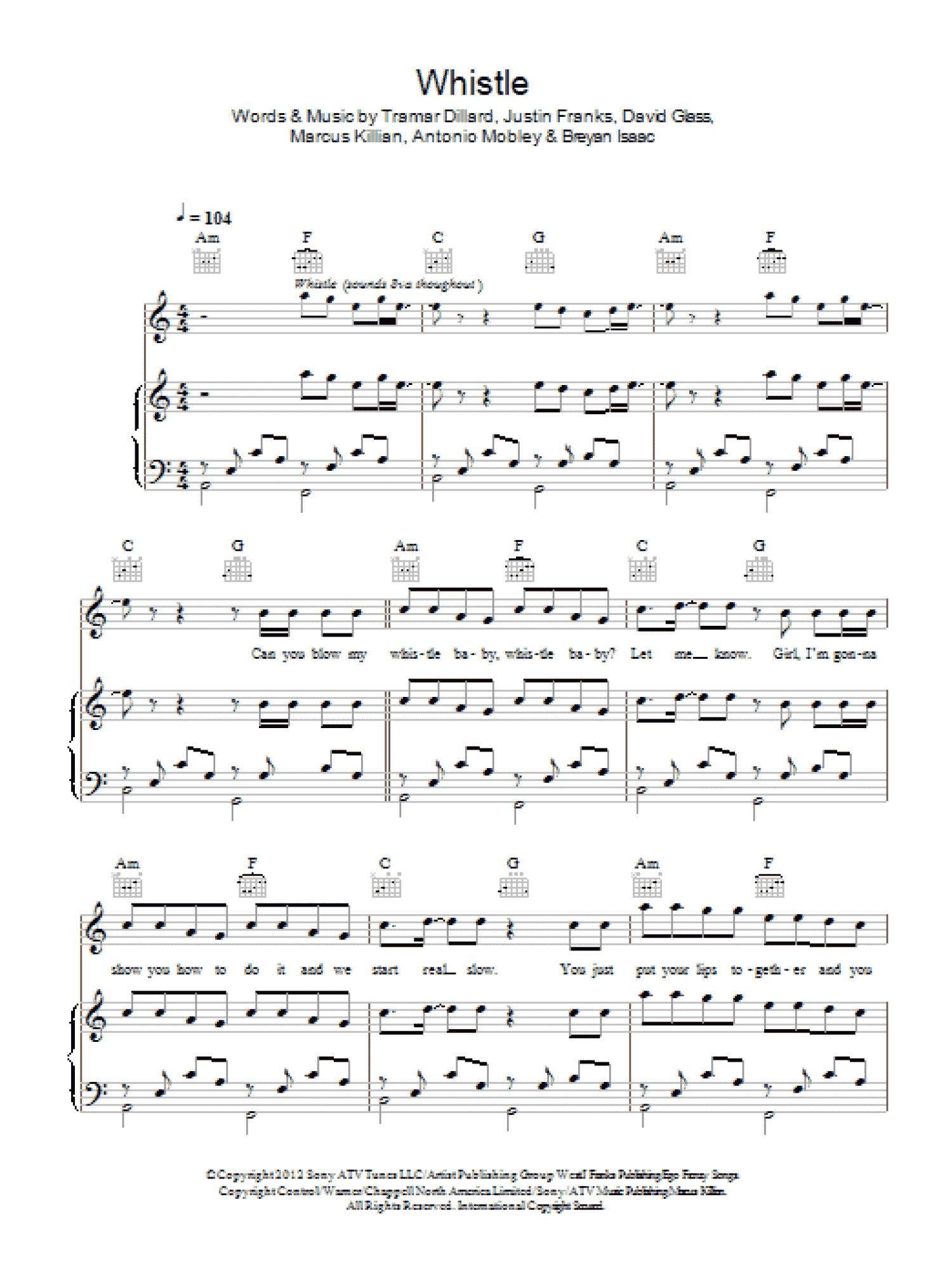 Whistle (Piano, Vocal & Guitar Chords)