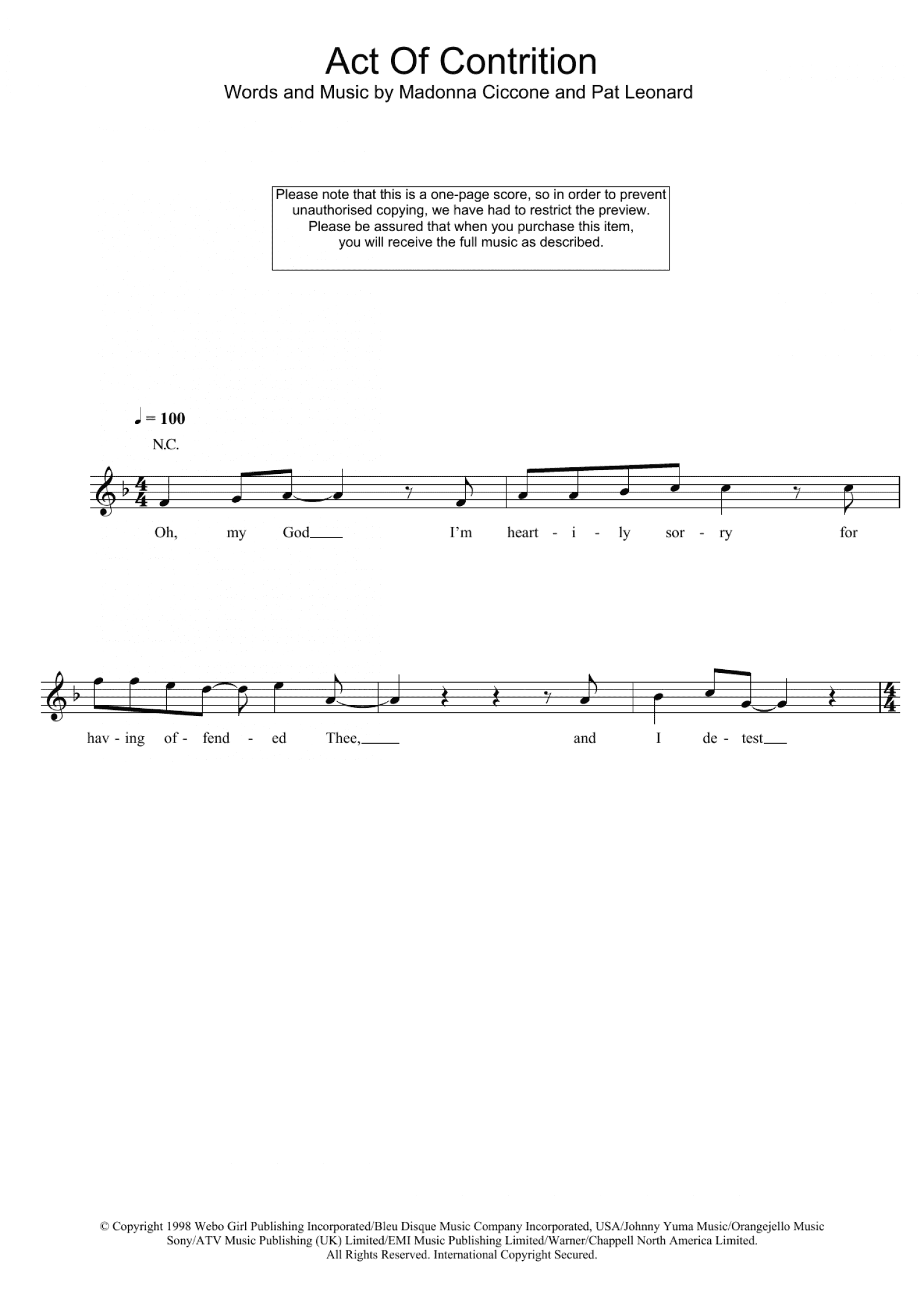 Act Of Contrition (Lead Sheet / Fake Book)
