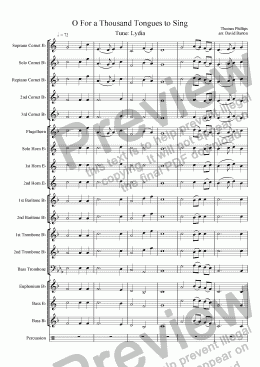 page one of "O For a Thousand Tongues to Sing" to "Lydia" for Brass Band