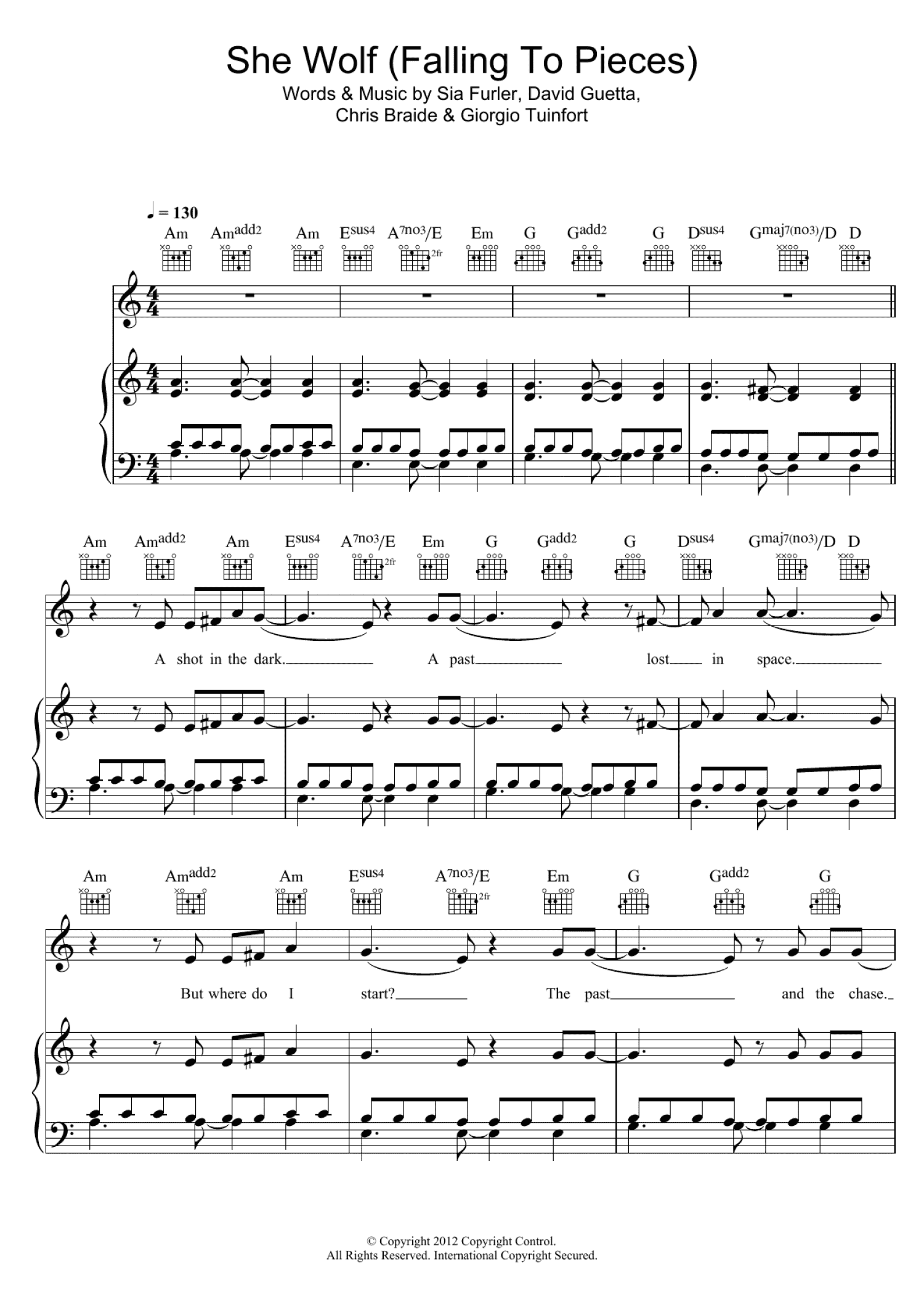 She Wolf (Falling To Pieces) (featuring Sia) (Piano, Vocal & Guitar Chords)