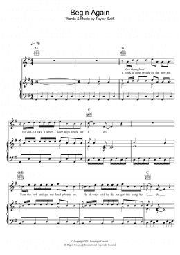 page one of Begin Again (Piano, Vocal & Guitar Chords)