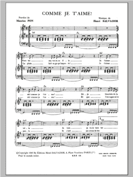 page one of Comme Je T'aime (Piano & Vocal)