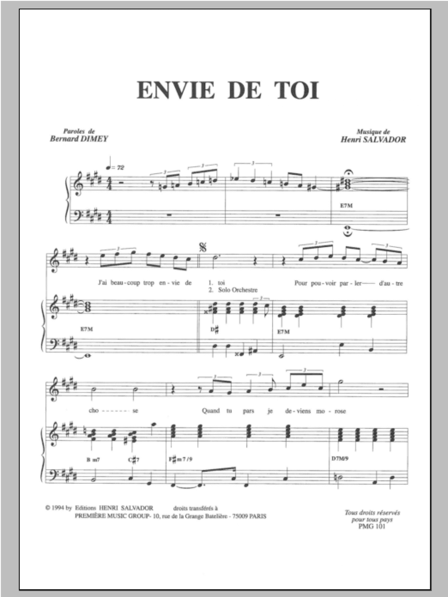 Envie De Toi (Piano & Vocal)