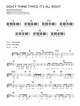 page one of Don't Think Twice, It's All Right (Piano Chords/Lyrics)