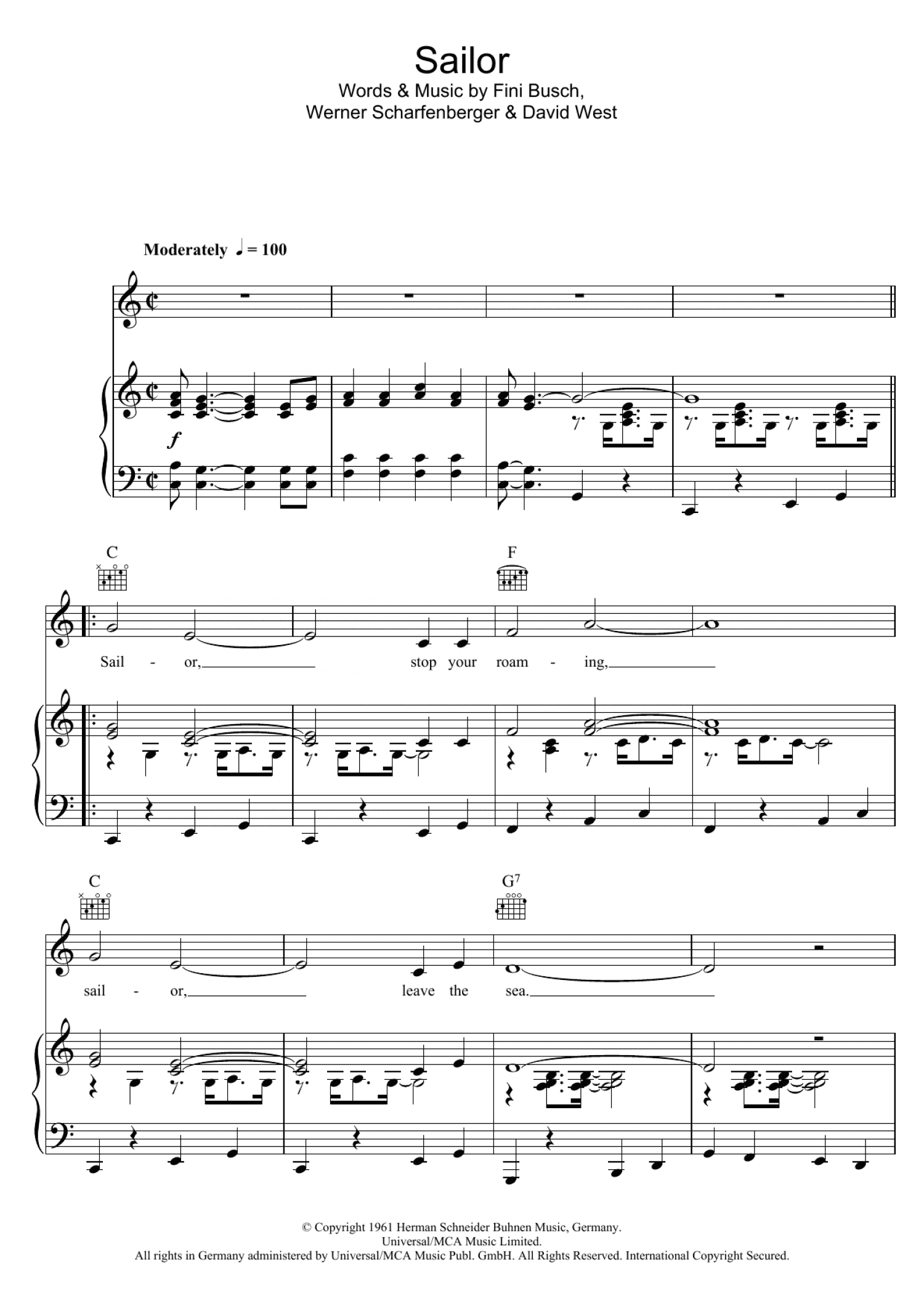 Sailor (Piano, Vocal & Guitar Chords)