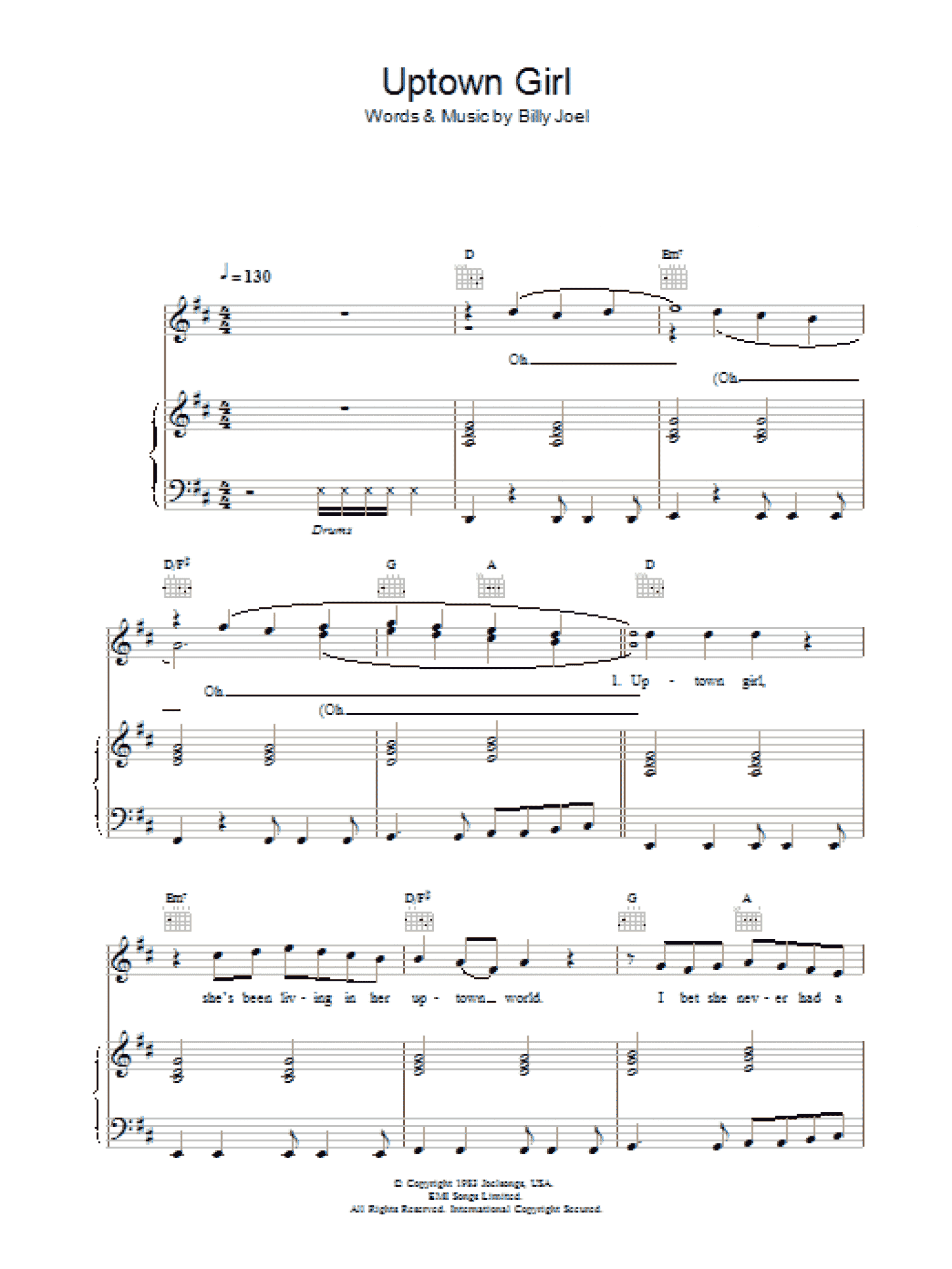 Uptown Girl (Piano, Vocal & Guitar Chords)