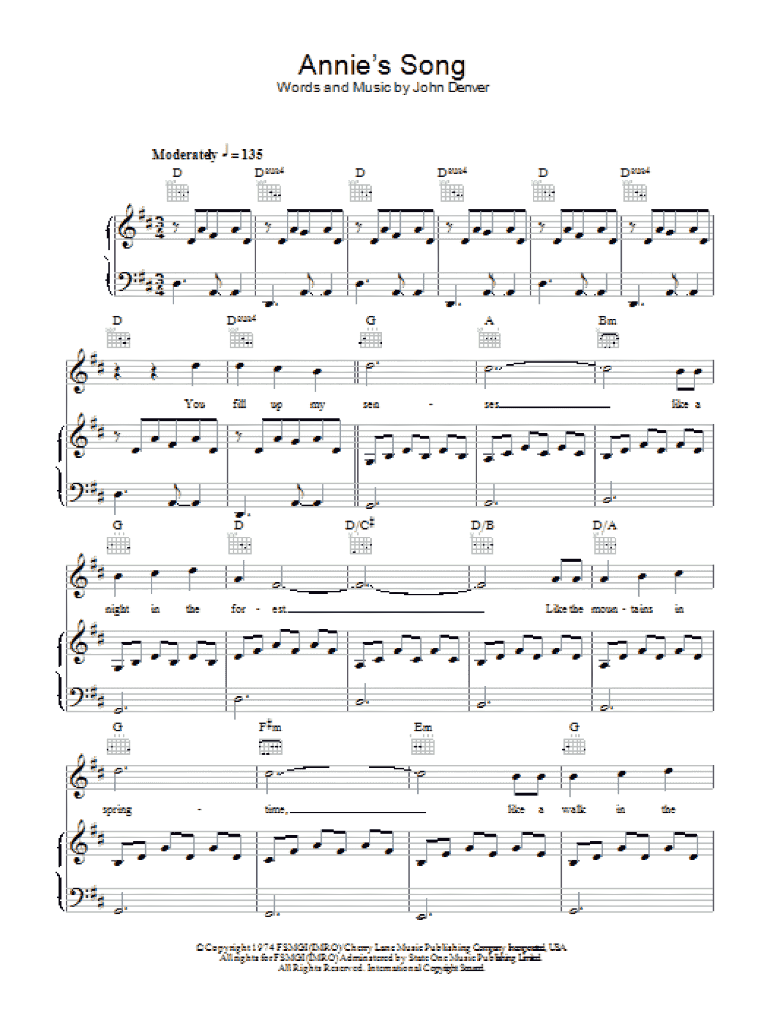 Annie's Song (Piano, Vocal & Guitar Chords)