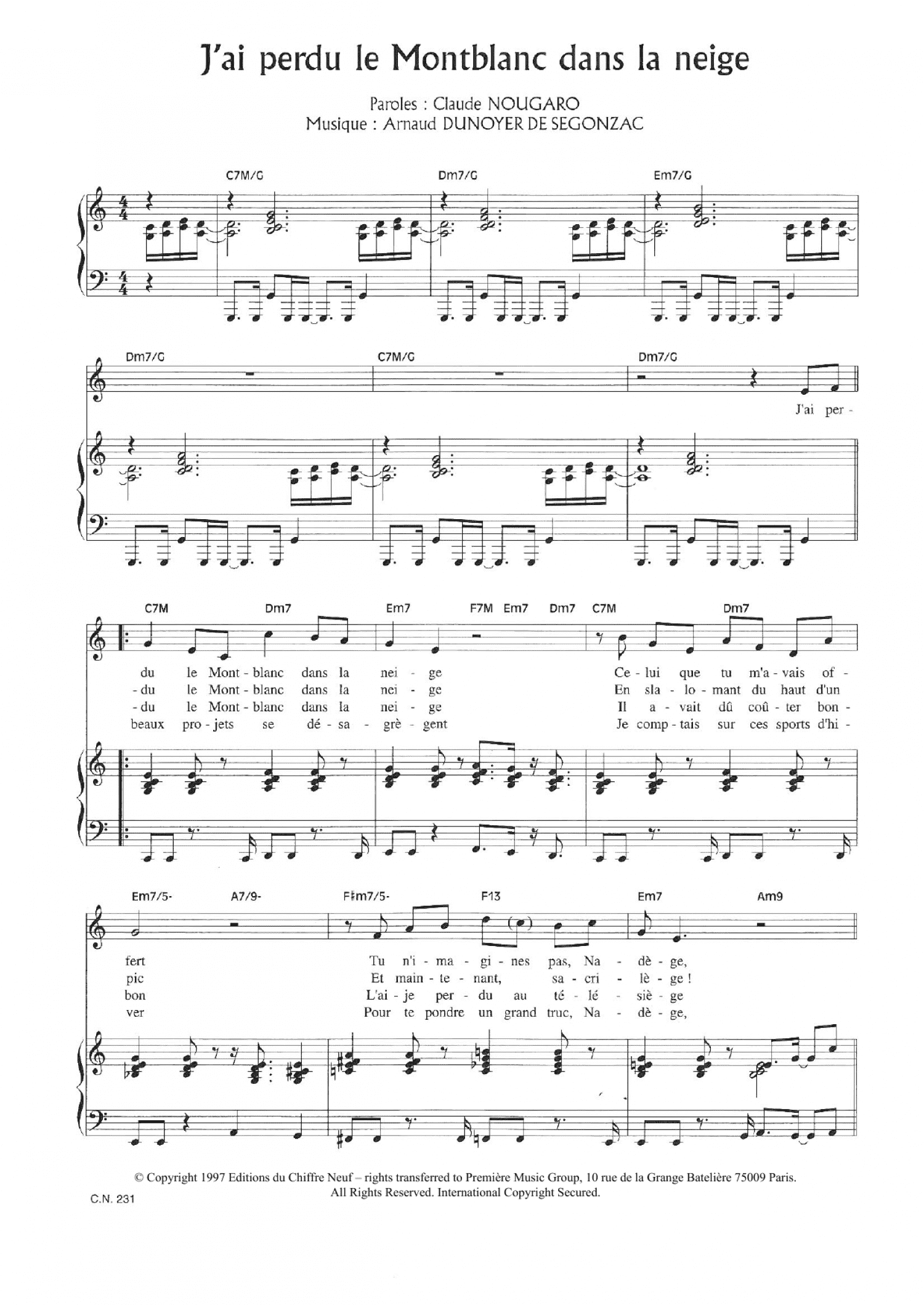 J'ai Perdu Le Montblanc Dans La Neige (Piano & Vocal)