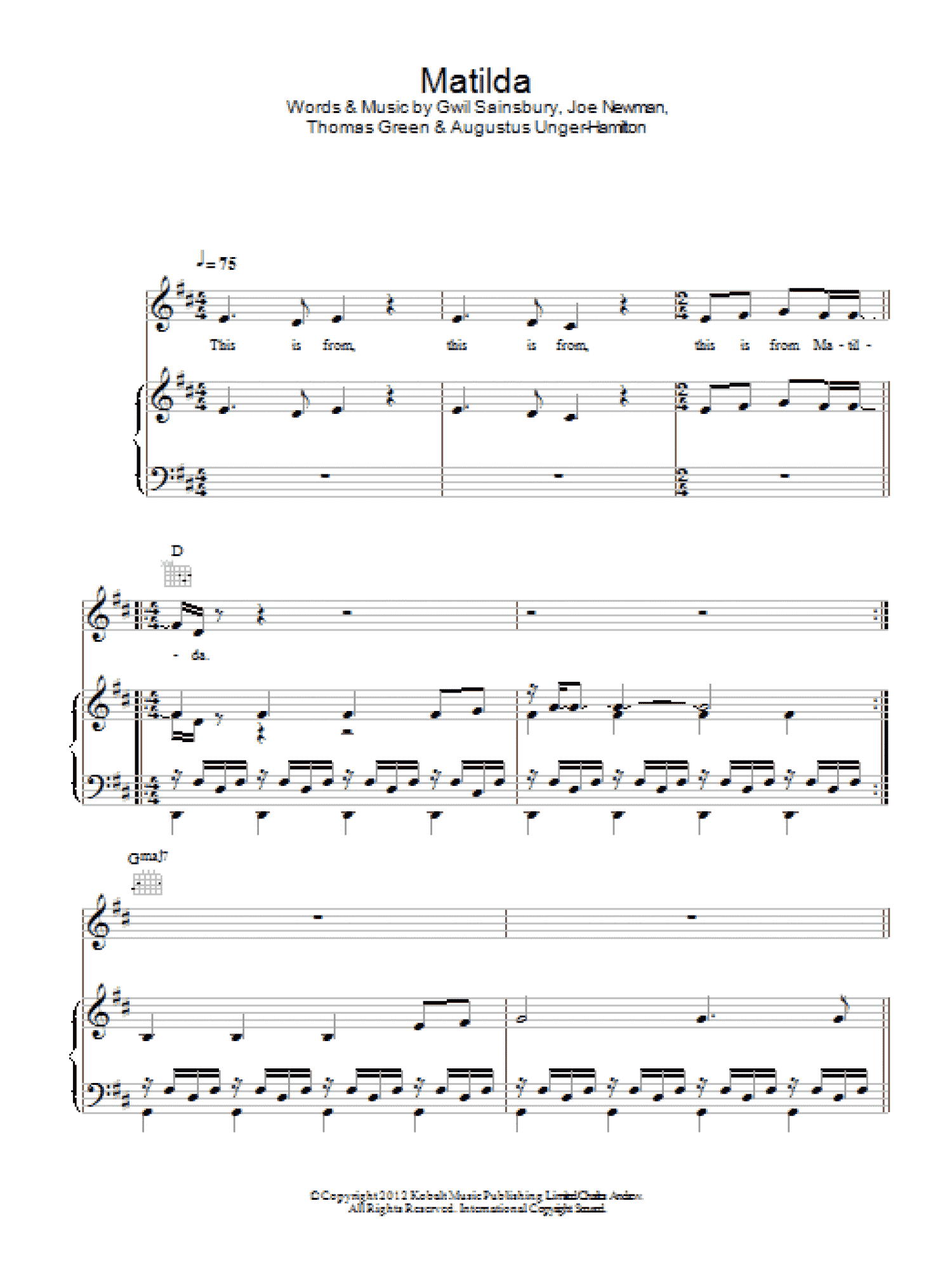Matilda (Piano, Vocal & Guitar Chords)