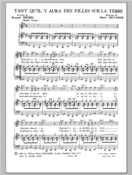 page one of Tant Qu'il Y Aura Des Filles Sur La Terre (Piano & Vocal)