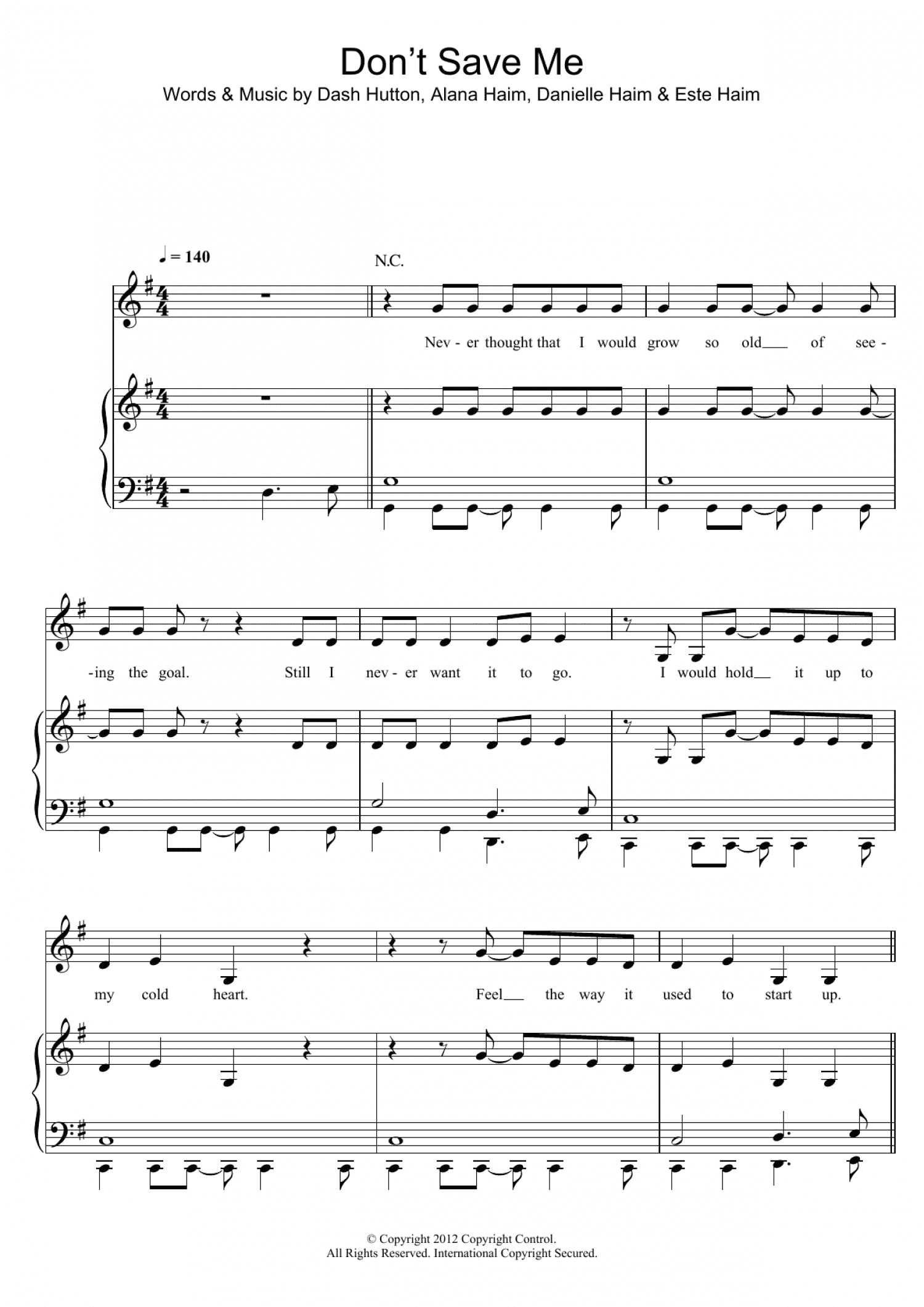 Don't Save Me (Piano, Vocal & Guitar Chords)