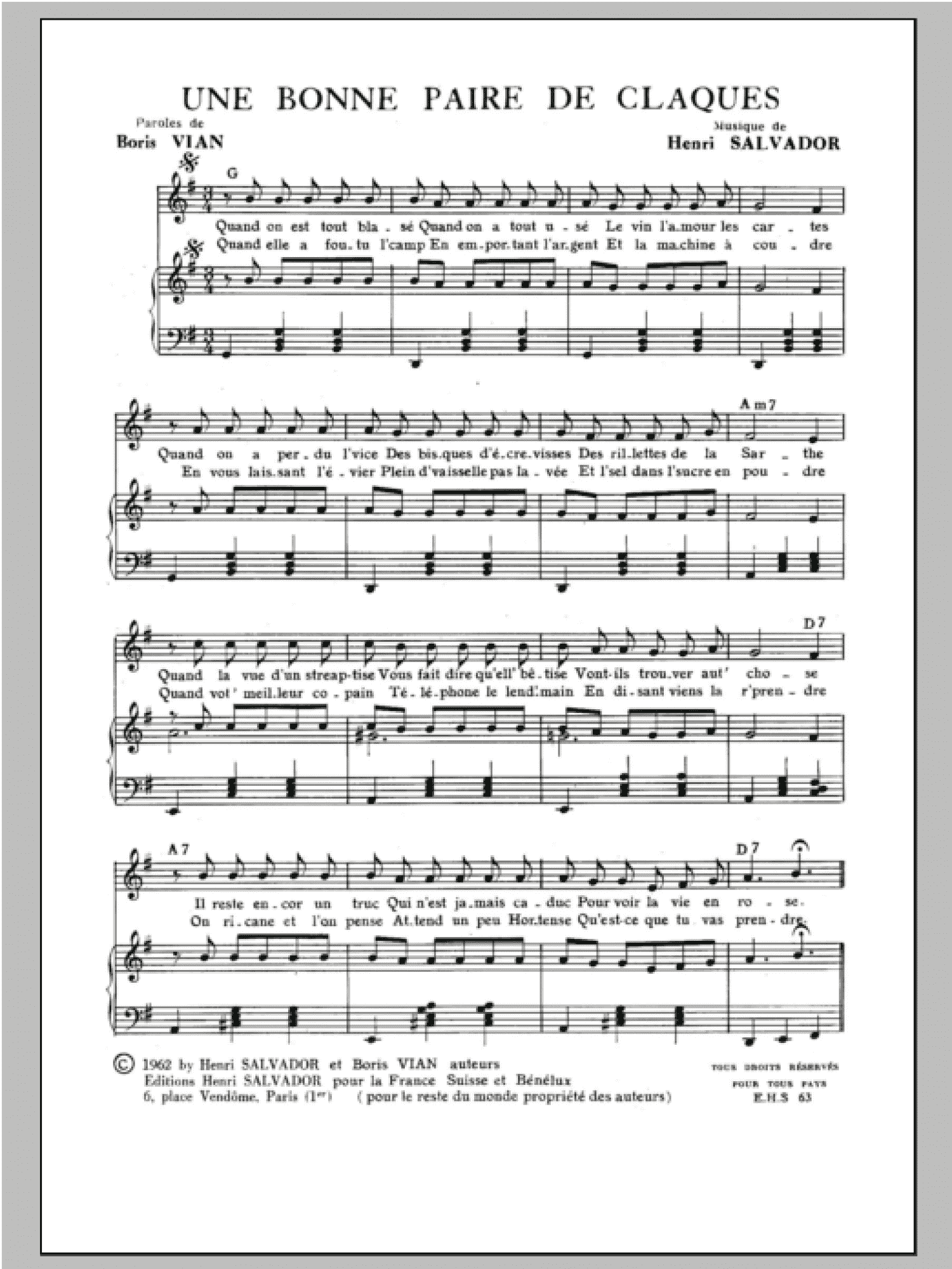Une Bonne Paire De Claques (Piano & Vocal)