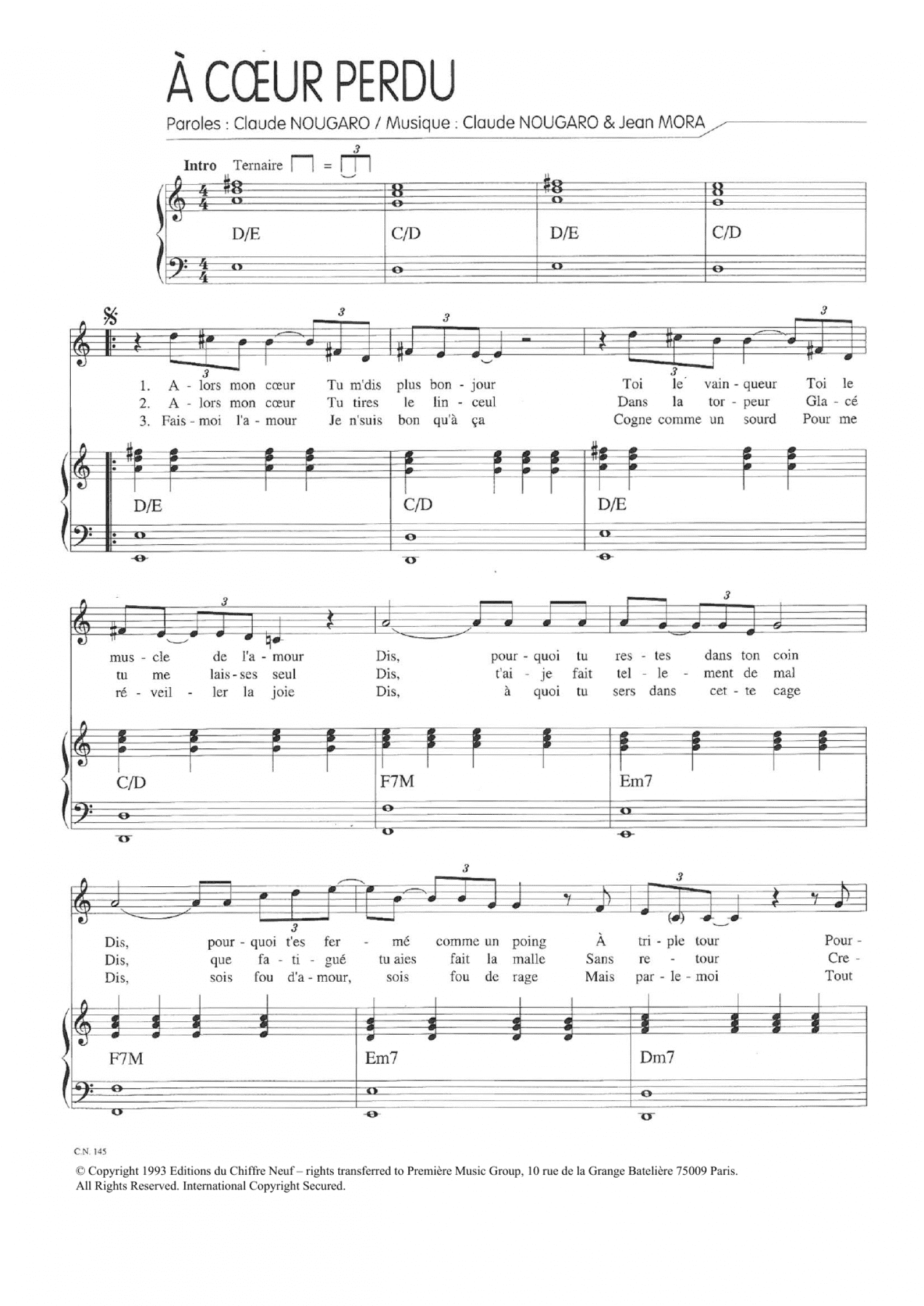 A Coeur Perdu (Piano & Vocal)