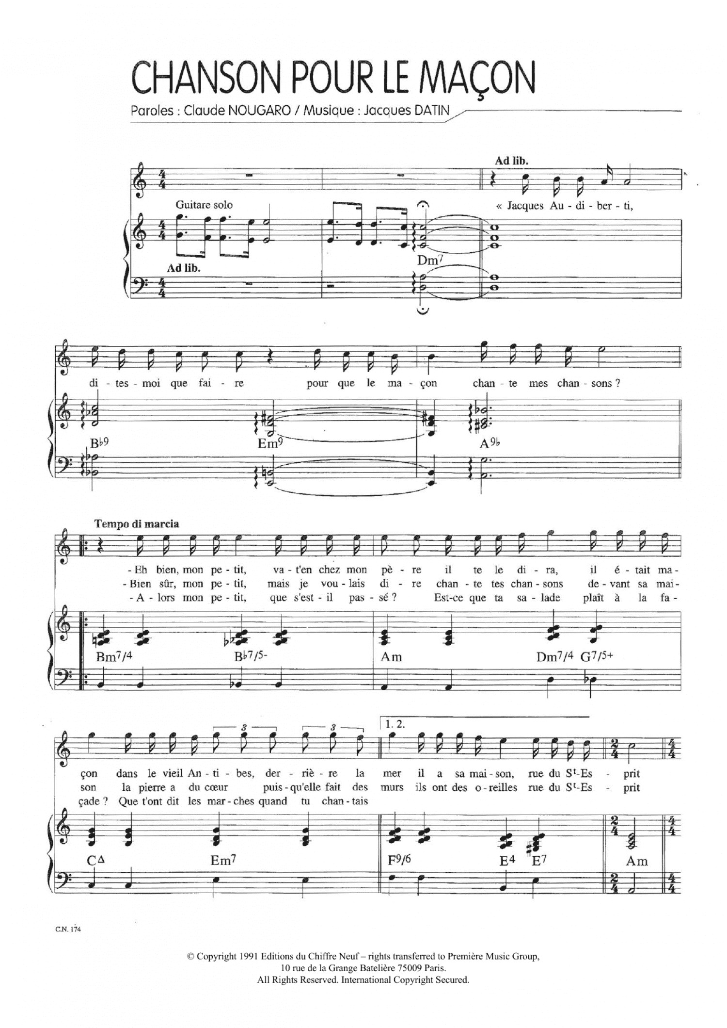 Chanson Pour Le Macon (Piano & Vocal)