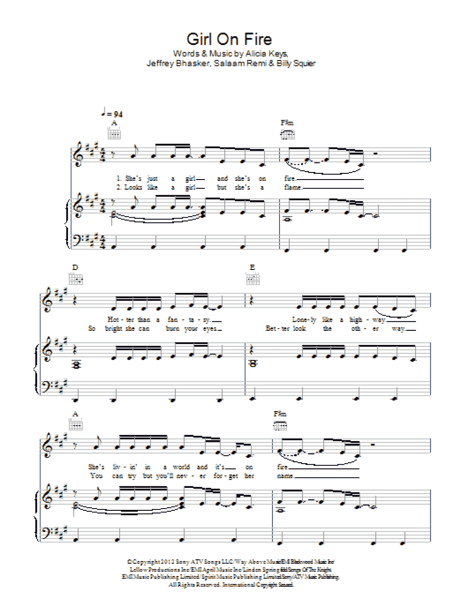 Girl On Fire (Piano, Vocal & Guitar Chords)