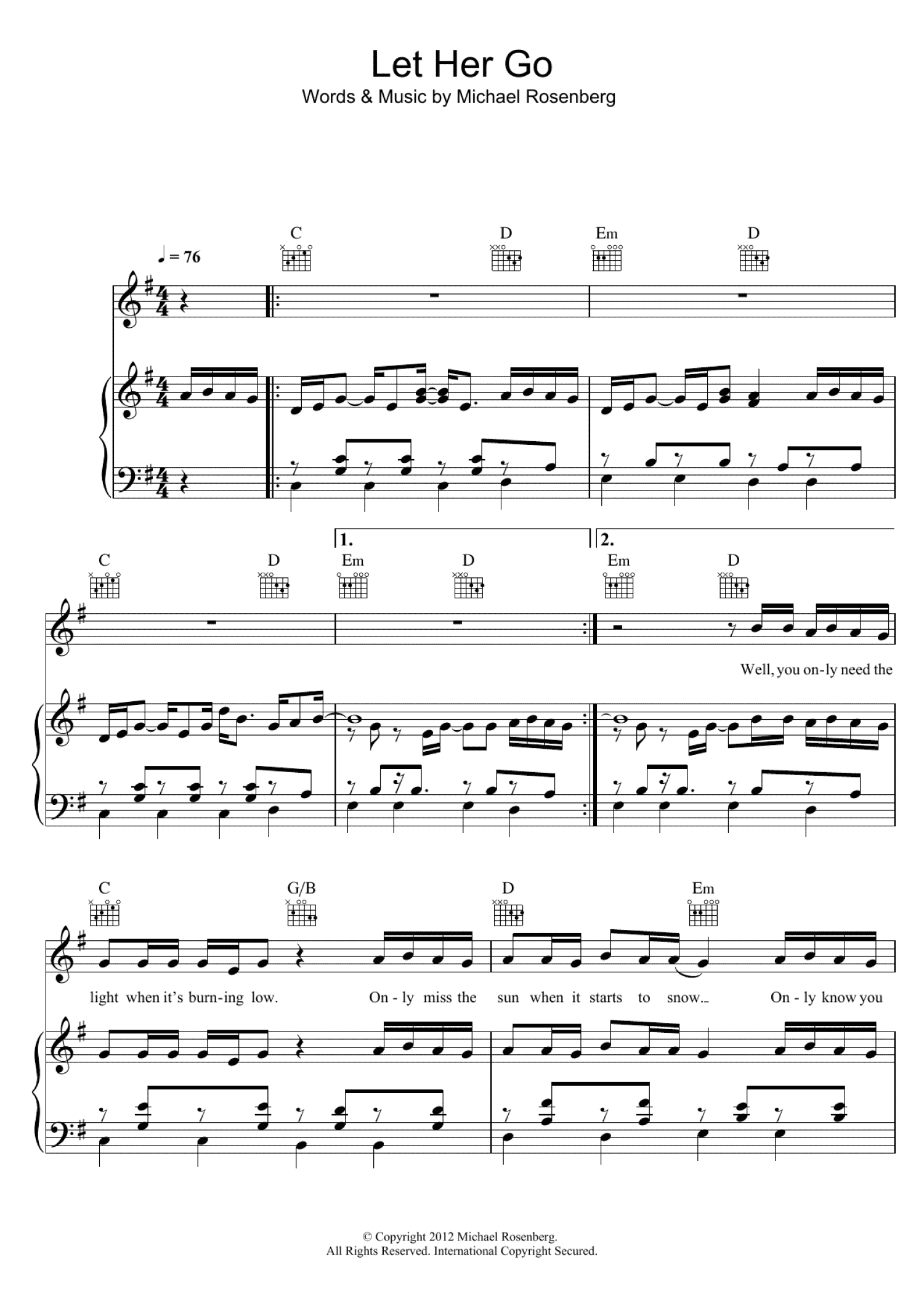 Let Her Go (Piano, Vocal & Guitar Chords (Right-Hand Melody))