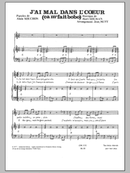page one of J'ai Mal Dans L'coeur (Ca Me Fait Bobo) (Piano & Vocal)