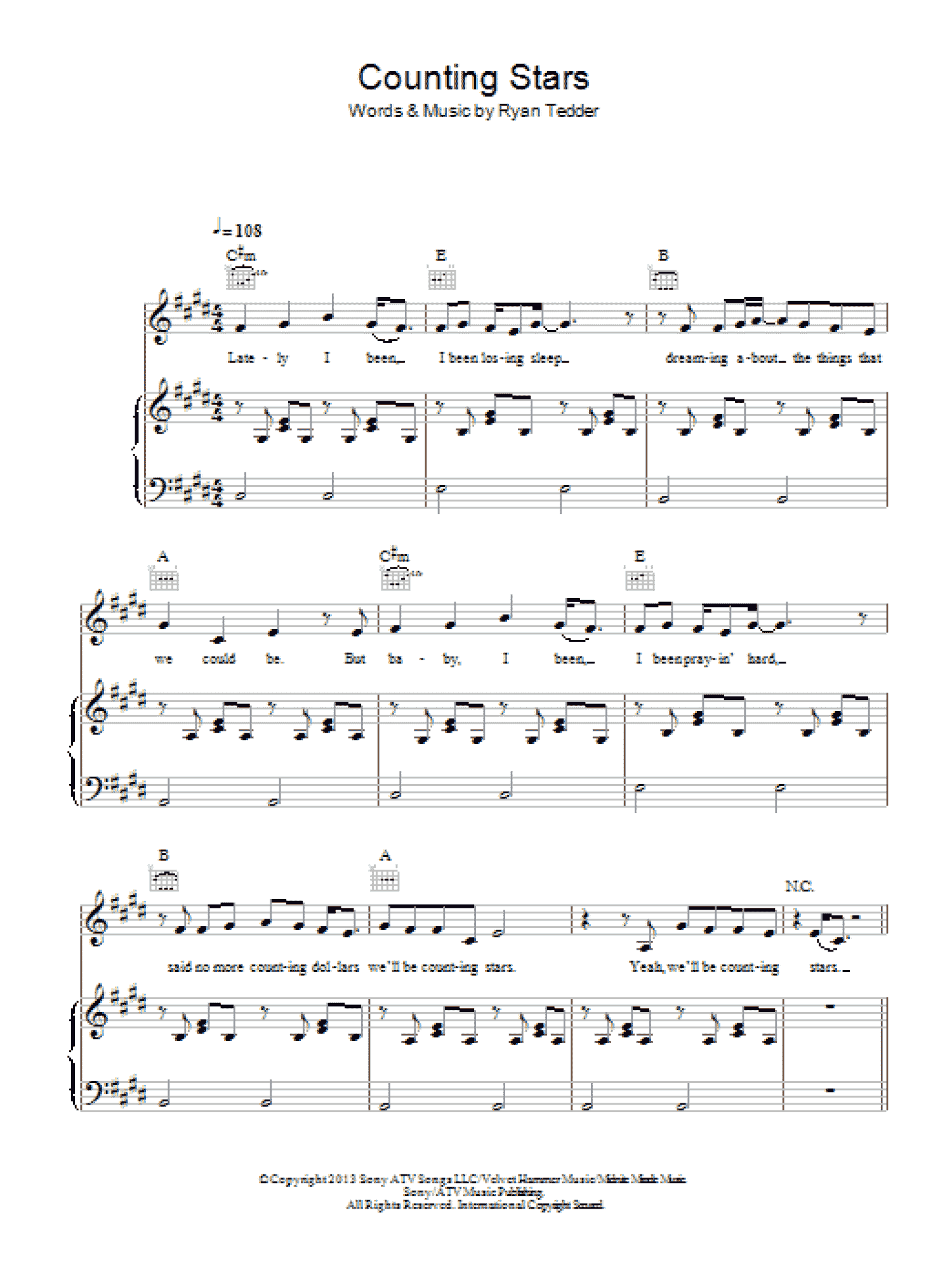 Counting Stars (Piano, Vocal & Guitar Chords)