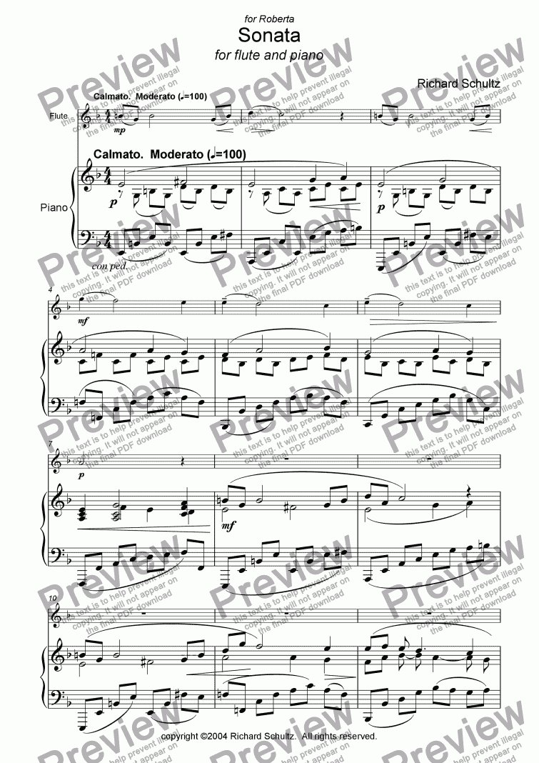 page one of Sonata for Flute and Piano (I. Calmato. Moderato)