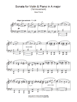 page one of Sonata For Violin & Piano In A Major, 1st Movement (Piano Solo)
