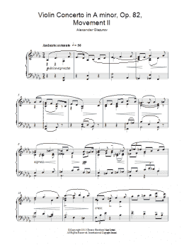 page one of Violin Concerto In A Minor Op. 82, 2nd Movement 'Andante Sostenuto' (Piano Solo)