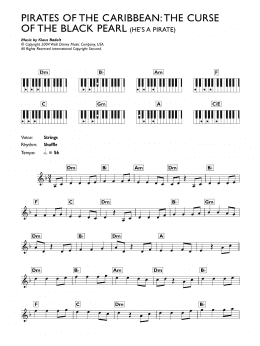 page one of He's A Pirate (from Pirates Of The Caribbean: The Curse Of The Black Pearl) (Piano Chords/Lyrics)