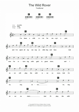 page one of The Wild Rover (Piano Chords/Lyrics)