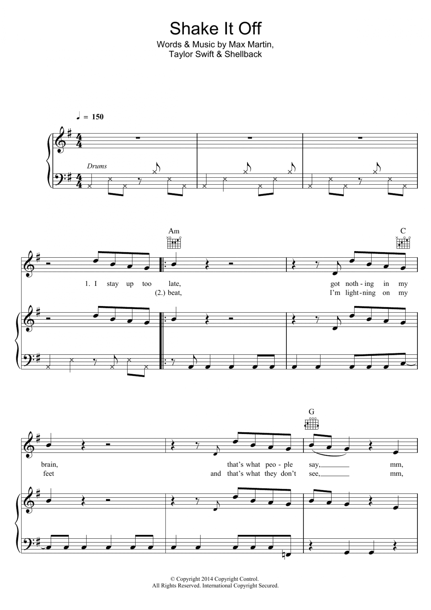 Shake It Off (Piano, Vocal & Guitar Chords (Right-Hand Melody))