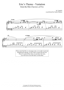 page one of Eric's Theme- Variation (From Chariots Of Fire) (as performed by Sacha Puttnam) (Piano Solo)