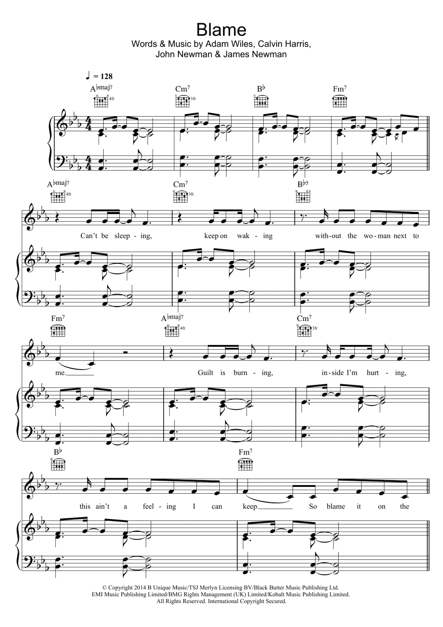 Blame (feat. John Newman) (Piano, Vocal & Guitar Chords)