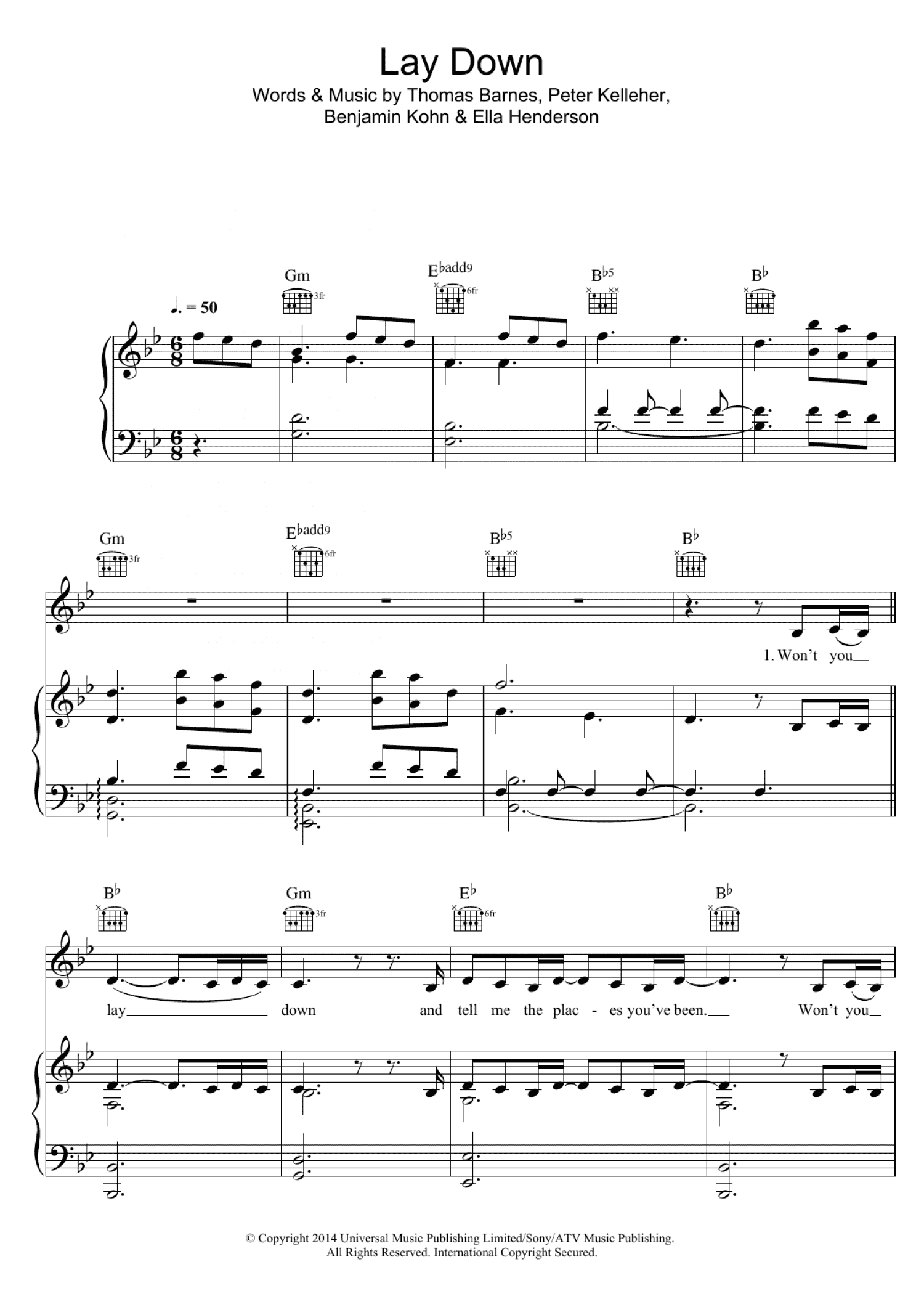 Lay Down (Piano, Vocal & Guitar Chords)