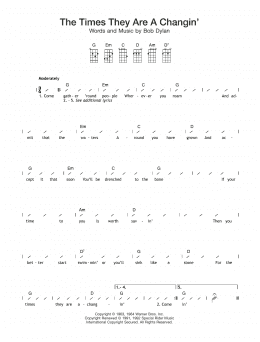 page one of The Times They Are A-Changin' (Ukulele Chords/Lyrics)