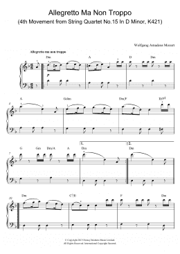 page one of Allegretto Ma Non Troppo (4th Movement from String Quartet No.15 In D Minor, K421) (Piano, Vocal & Guitar Chords)