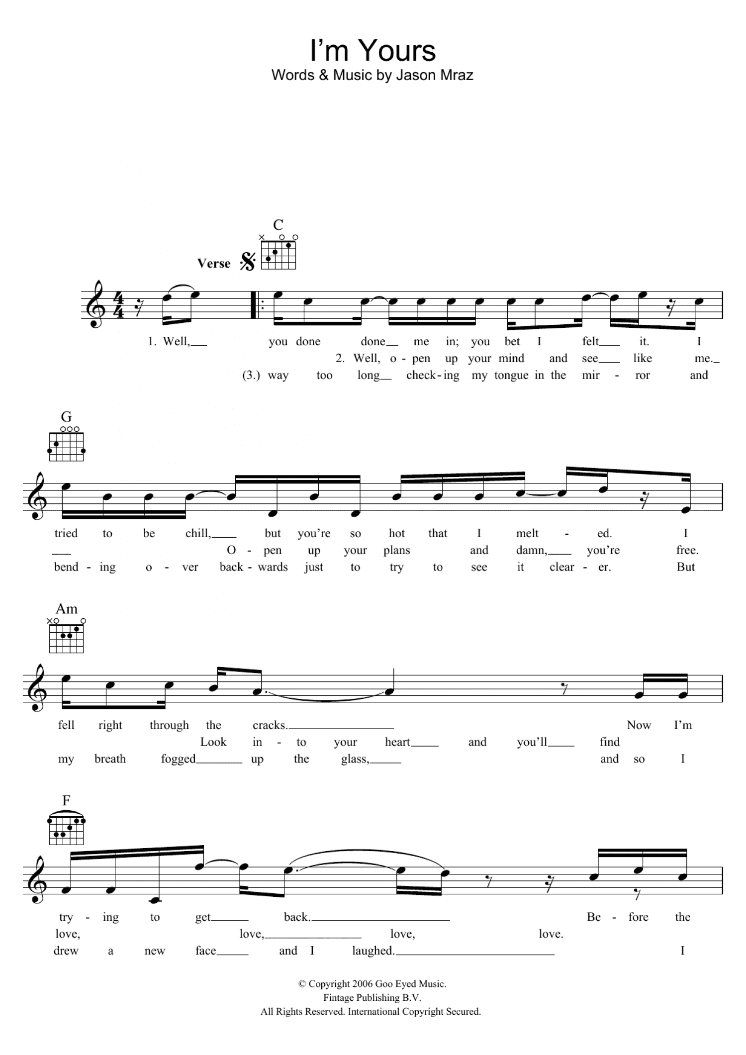 I'm Yours (Lead Sheet / Fake Book)
